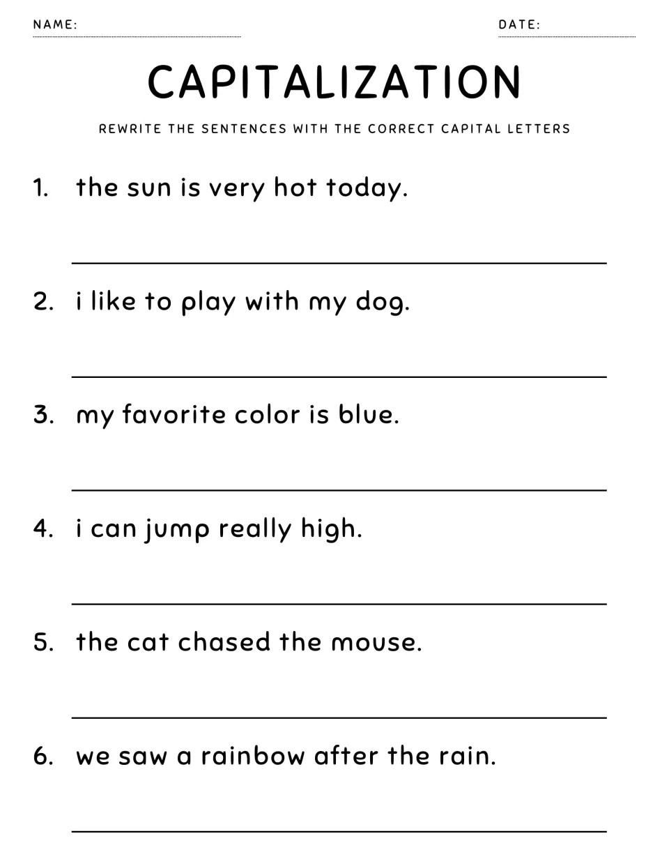Capitalization: students rewrite 6 sentences with correct capitals, from the sun is very hot to a rainbow after rain