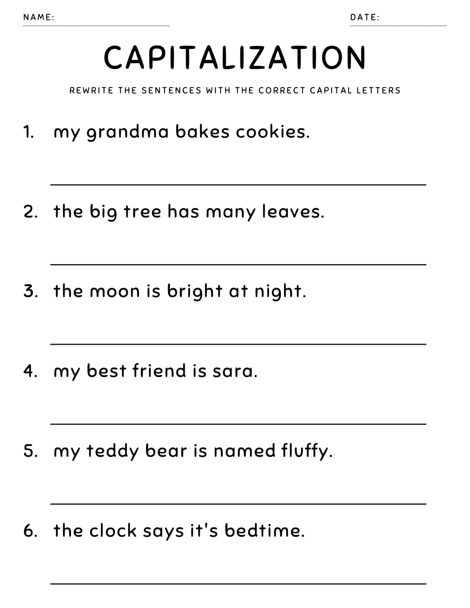 Capitalization: students rewrite 6 sentences, including the names sara and fluffy and a grandma baking cookies