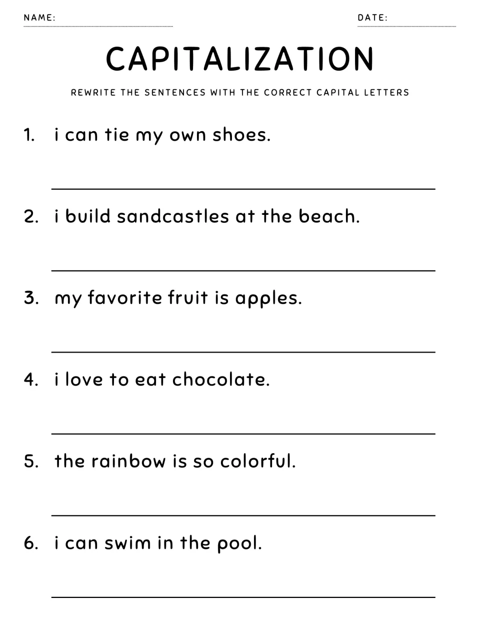 Capitalizing the pronoun I: students rewrite 6 sentences such as i can tie my own shoes and i can swim in the pool