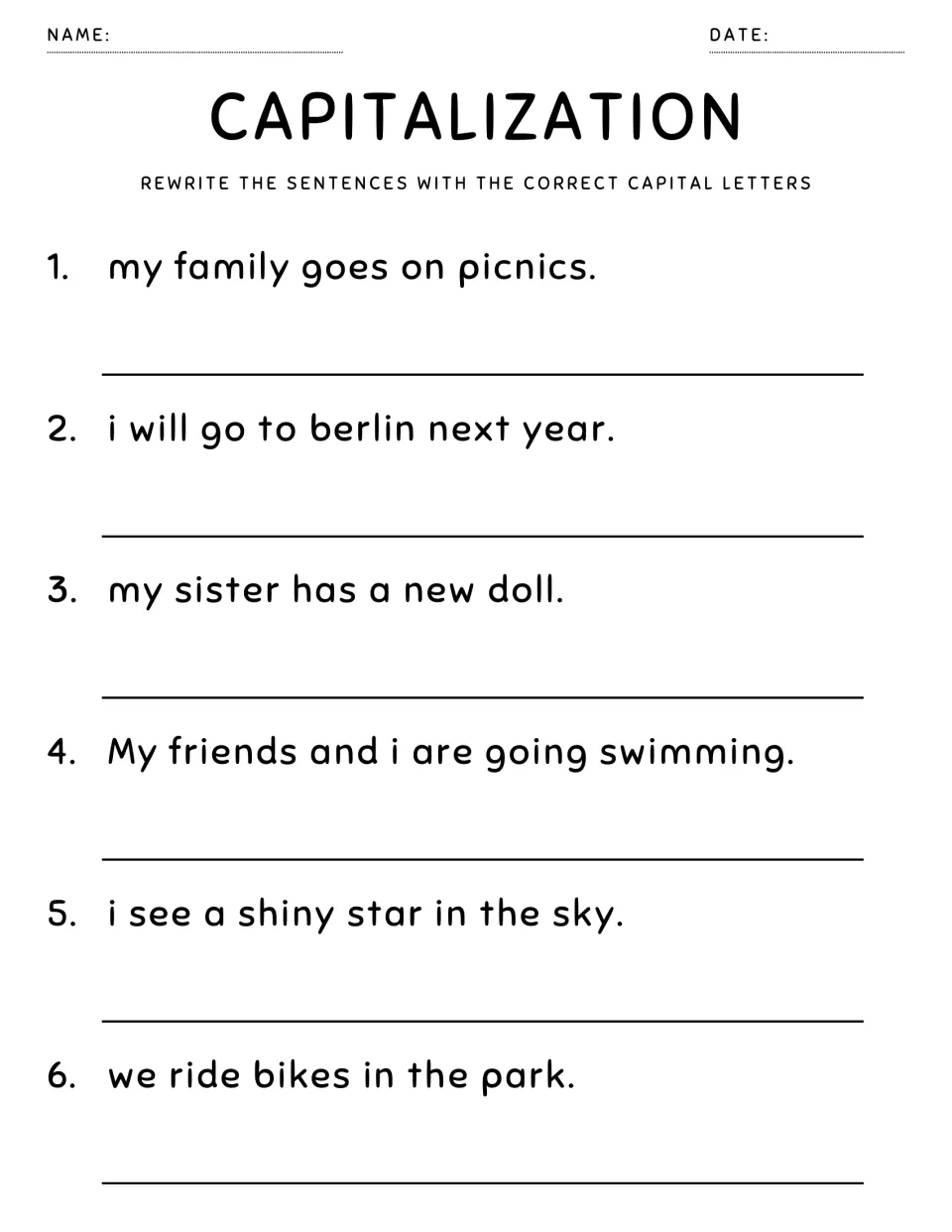 Capitalizing place names and I: students rewrite 6 sentences, including i will go to berlin next year