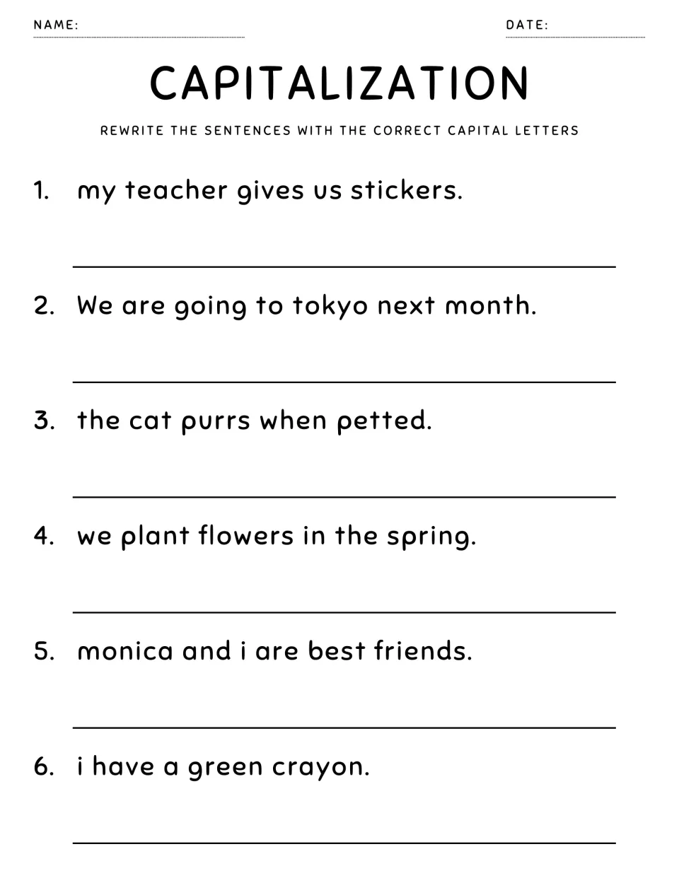 Capitalization practice: students rewrite 6 sentences, fixing the city tokyo and the name monica plus a teacher's stickers