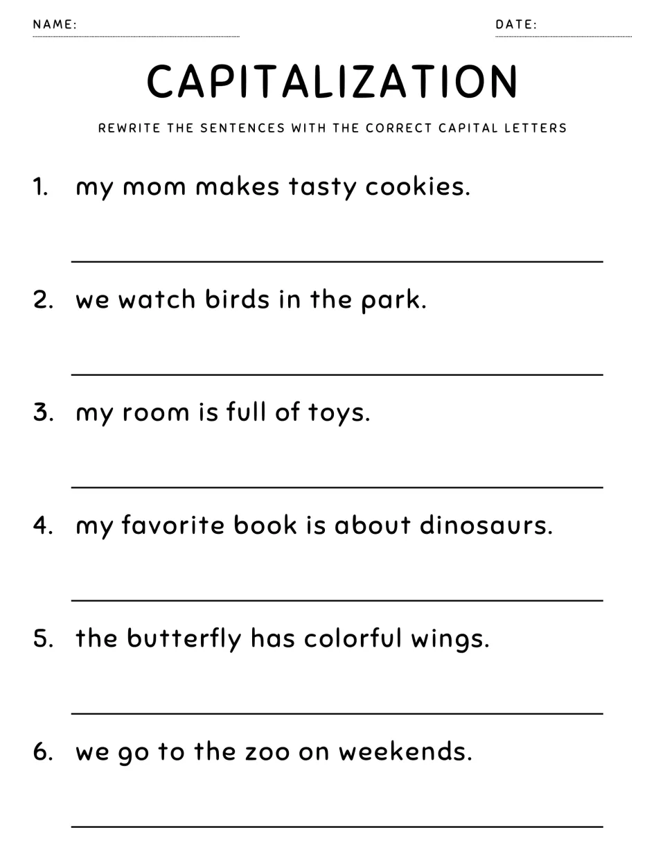 Sentence-start capitals: students rewrite 6 sentences about mom's cookies, birds, dinosaurs, a butterfly and the zoo