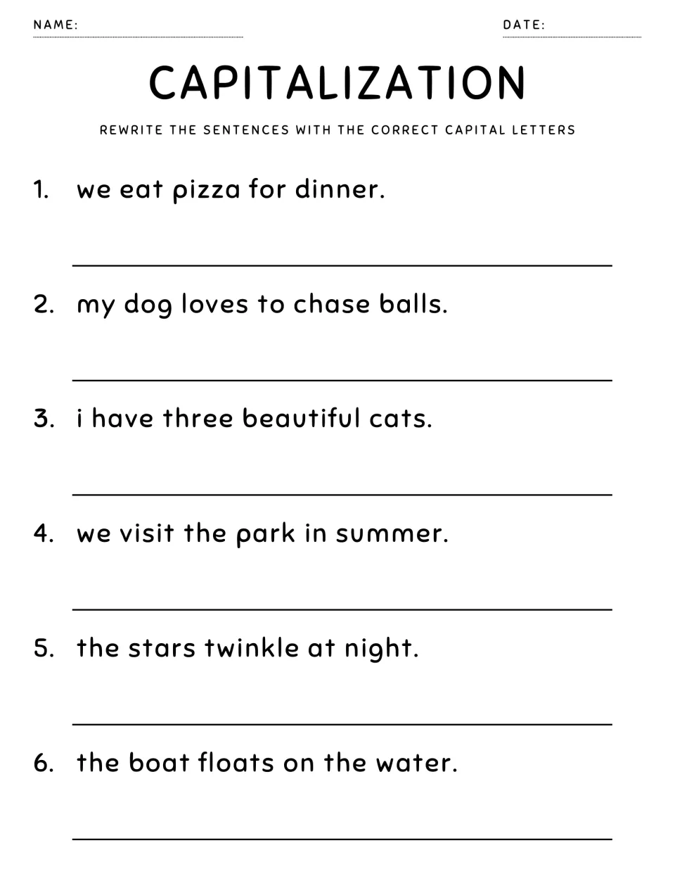 Capital letters at sentence start: students rewrite 6 lines about pizza, a dog, three cats, summer, stars and a boat