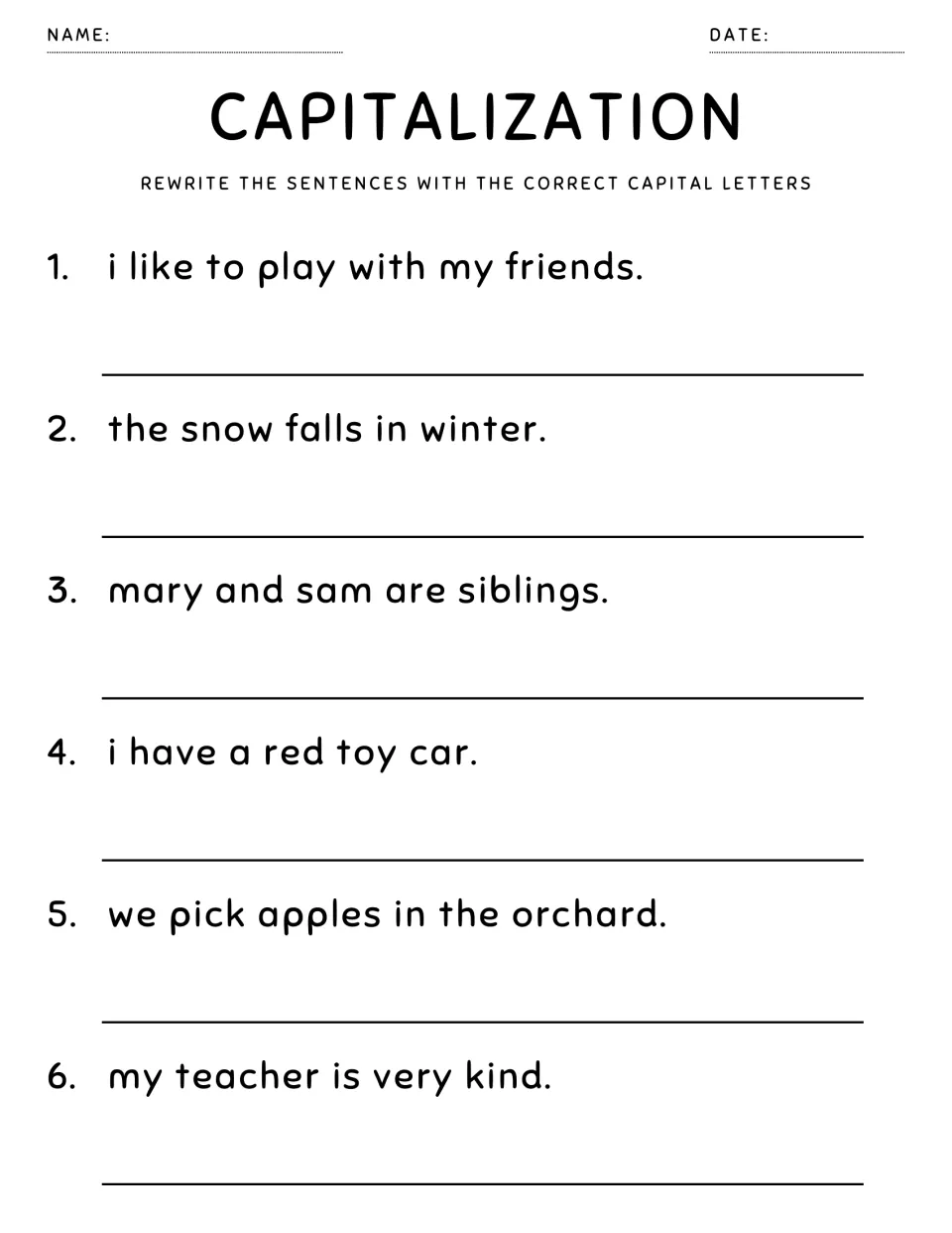 Capitalizing names: students rewrite 6 sentences, including mary and sam are siblings, snow in winter and a red toy car