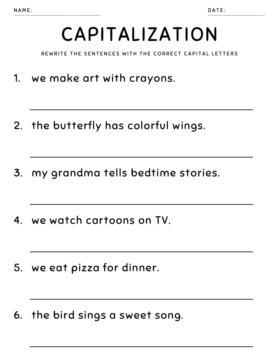 Capitalization rewrite: 6 sentences on crayons, a butterfly, grandma's stories, cartoons on TV, pizza and a singing bird