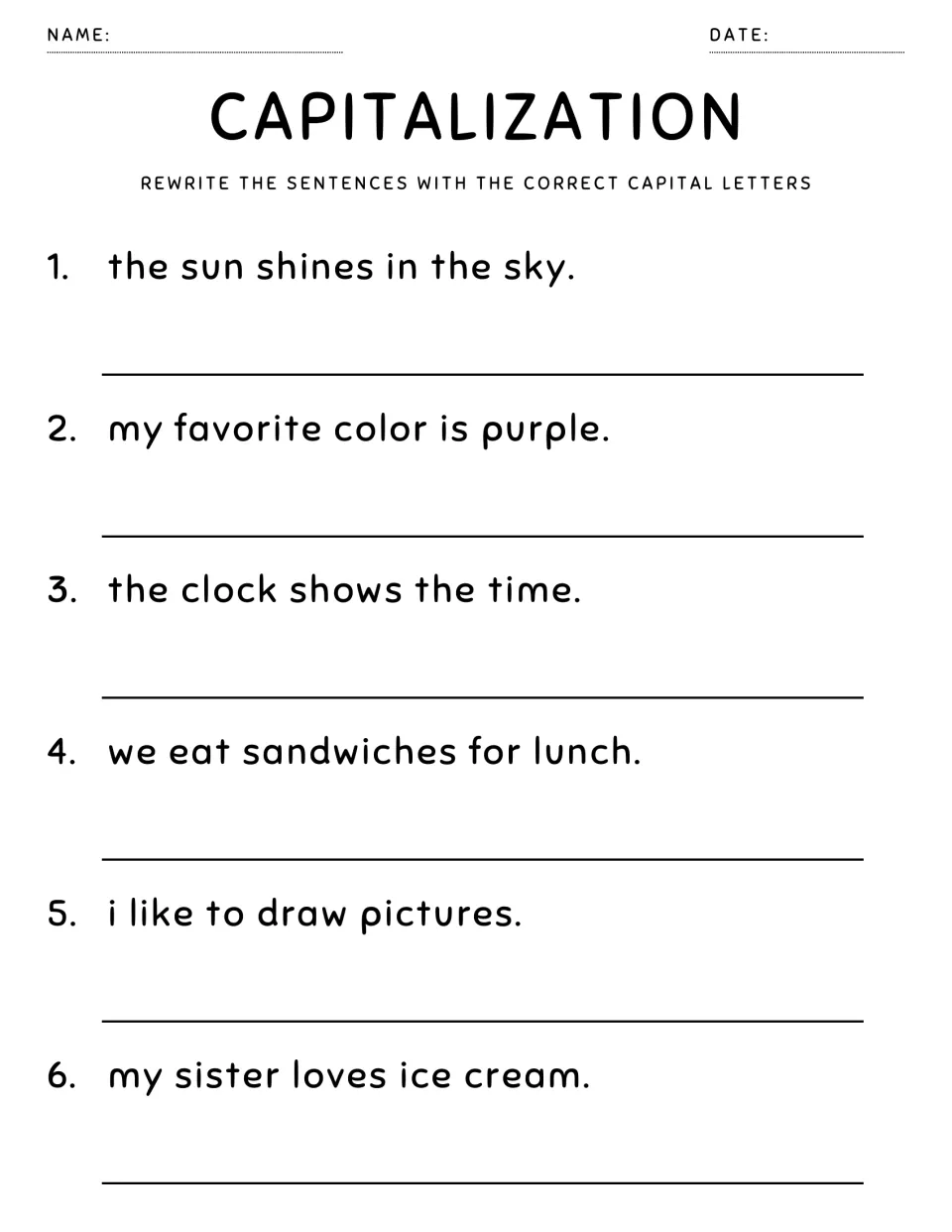 Capitalization rewrite: 6 sentences about the sun, the color purple, a clock, lunch sandwiches, drawing and ice cream
