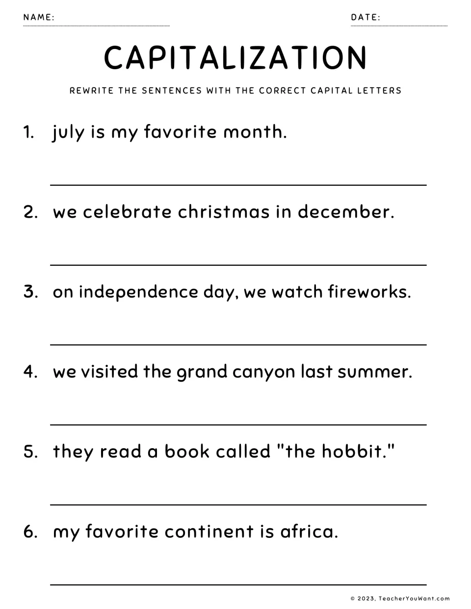 Capitalisation: students rewrite 6 sentences with correct capitals for months, holidays, the Grand Canyon and The Hobbit