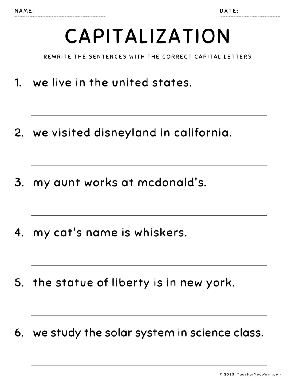 Capitalisation: students rewrite 6 sentences fixing United States, Disneyland, McDonald's, a pet's name and New York
