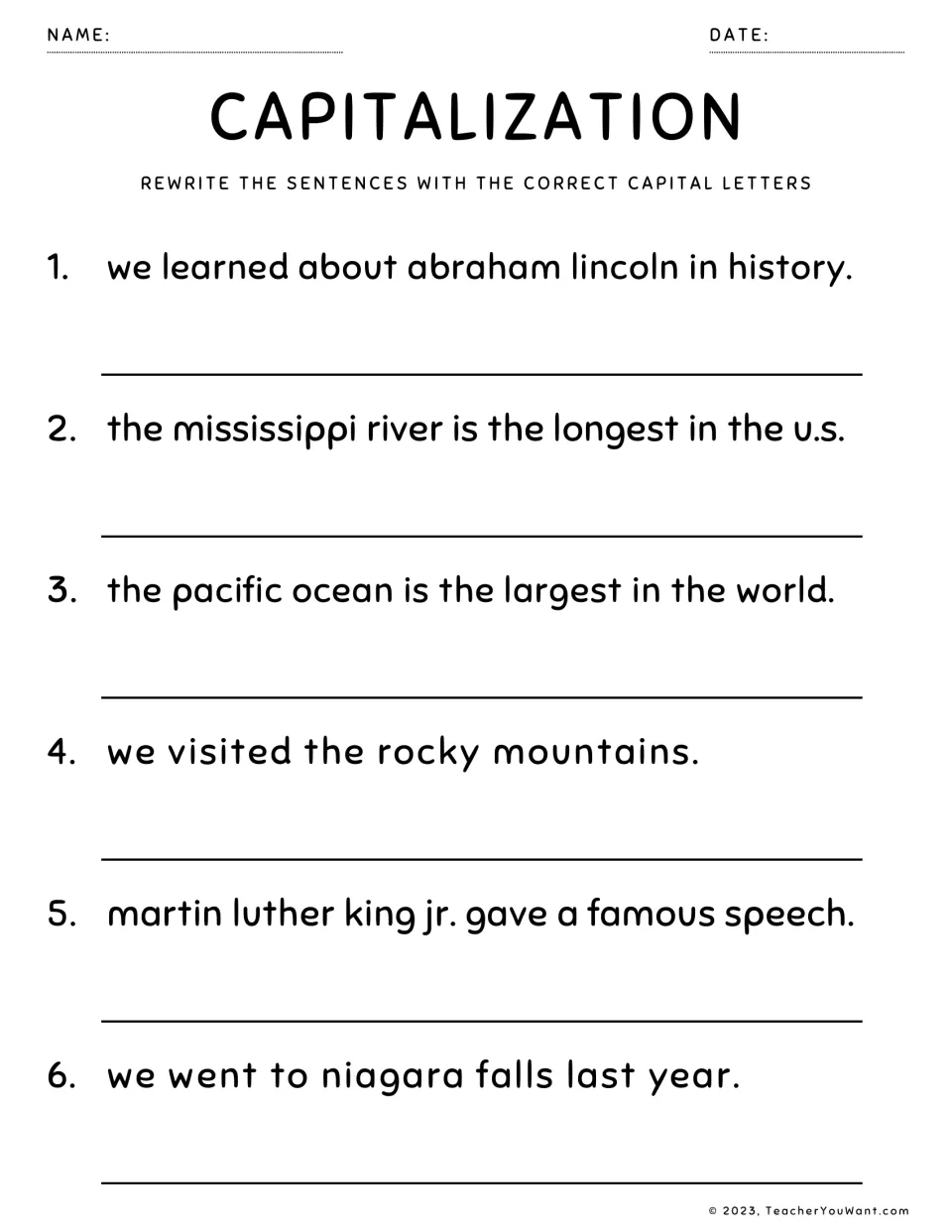 Capitalisation: students rewrite 6 sentences fixing Abraham Lincoln, Mississippi River, Pacific Ocean and Niagara Falls
