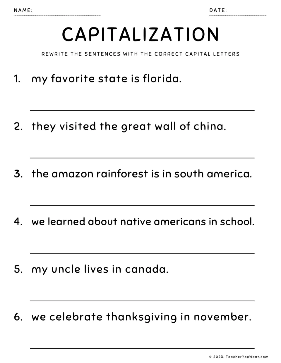 Capitalisation: students rewrite 6 sentences fixing Florida, Great Wall of China, South America, Canada and Thanksgiving