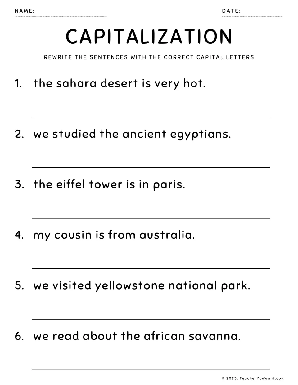 Capitalisation: students rewrite 6 sentences fixing Sahara Desert, Egyptians, Eiffel Tower, Paris and Yellowstone