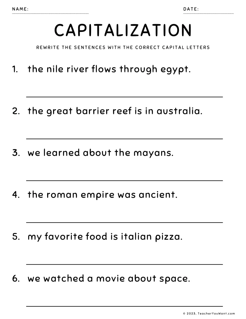 Capitalisation: students rewrite 6 sentences fixing Nile River, Great Barrier Reef, Mayans, Roman Empire and Italian