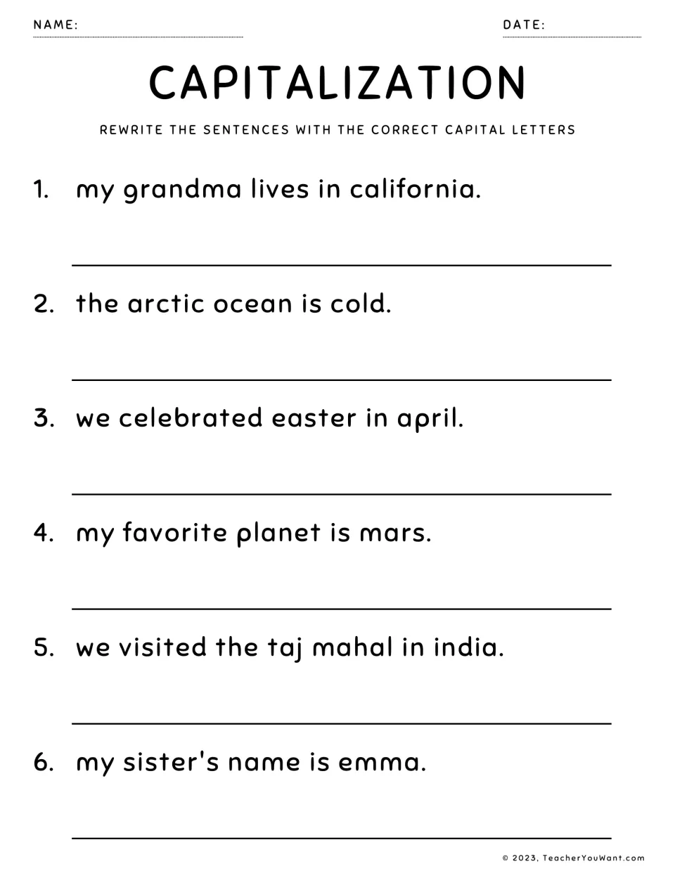 Capitalisation: students rewrite 6 sentences fixing California, Arctic Ocean, Easter, April, Mars, Taj Mahal and Emma