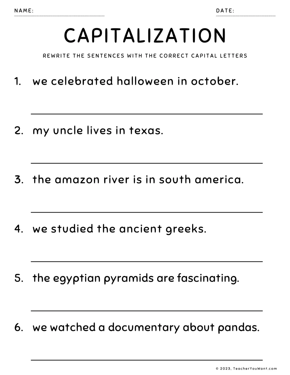 Capitalisation: students rewrite 6 sentences fixing Halloween, October, Texas, Amazon River and the ancient Greeks