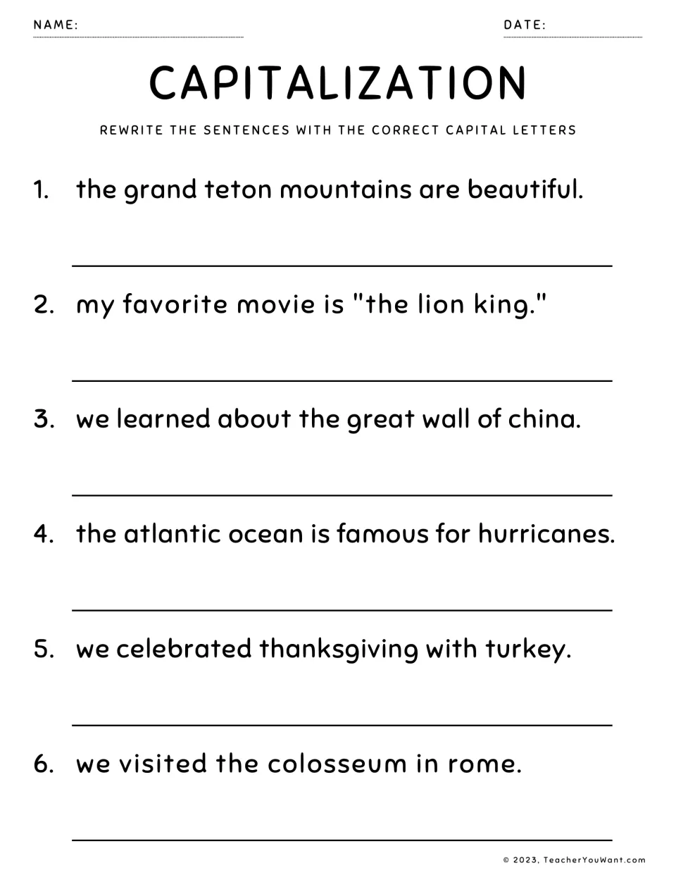 Capitalisation: students rewrite 6 sentences fixing Grand Teton, The Lion King, Atlantic Ocean and Colosseum in Rome