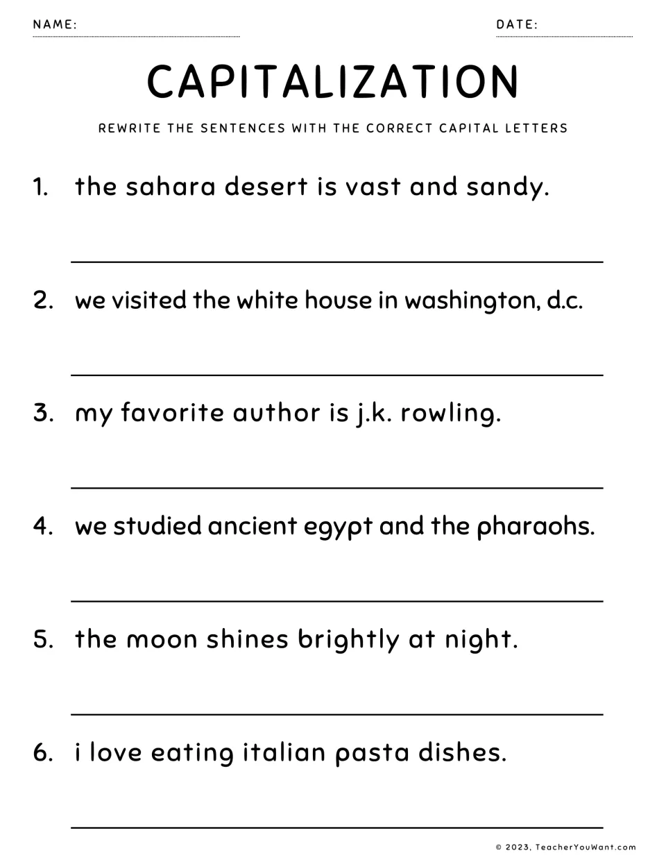 Capitalisation: students rewrite 6 sentences fixing White House, Washington, D.C., J.K. Rowling and the pronoun I