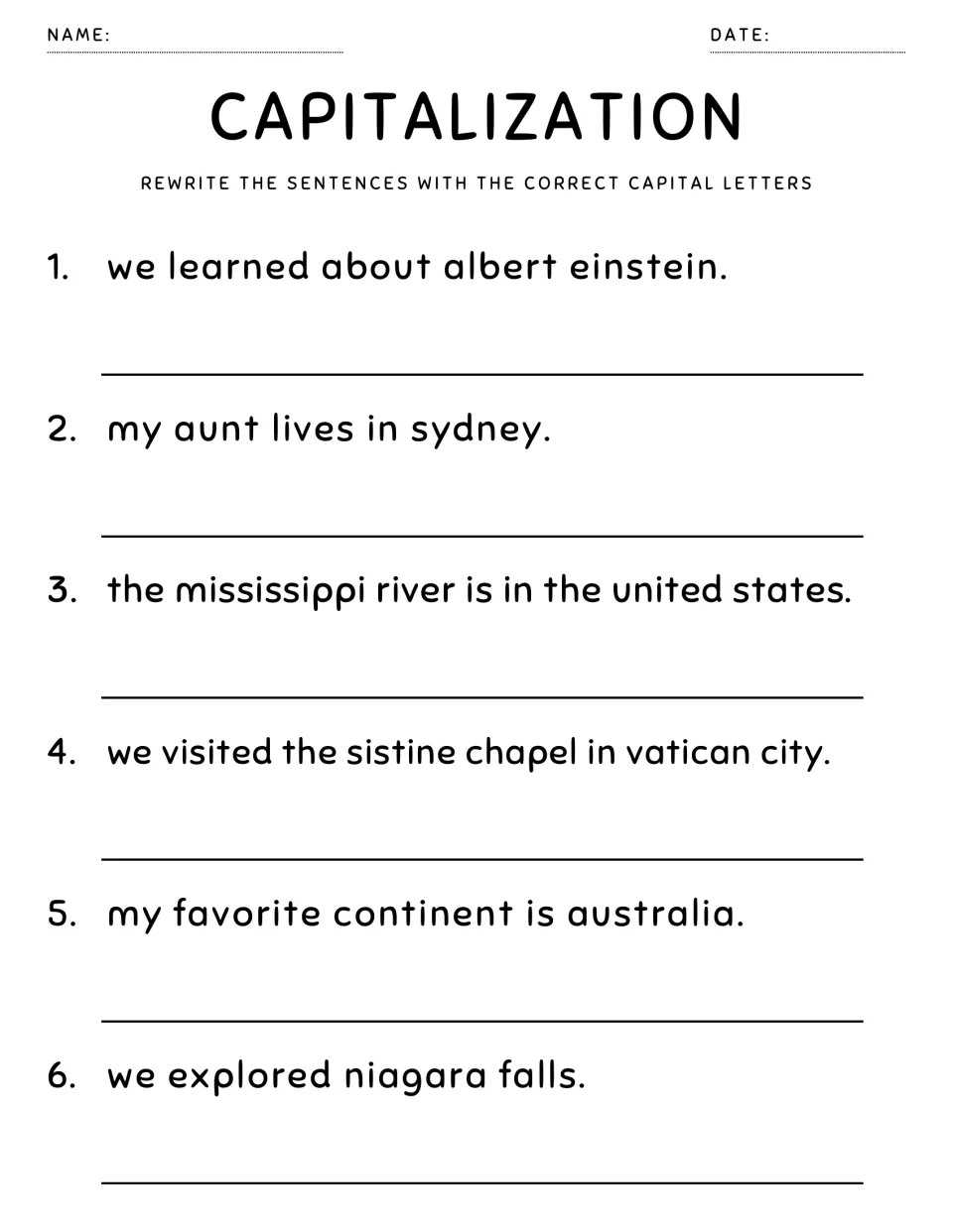 Capitalization: students rewrite 6 sentences fixing proper nouns like Albert Einstein, Sydney and the Mississippi River