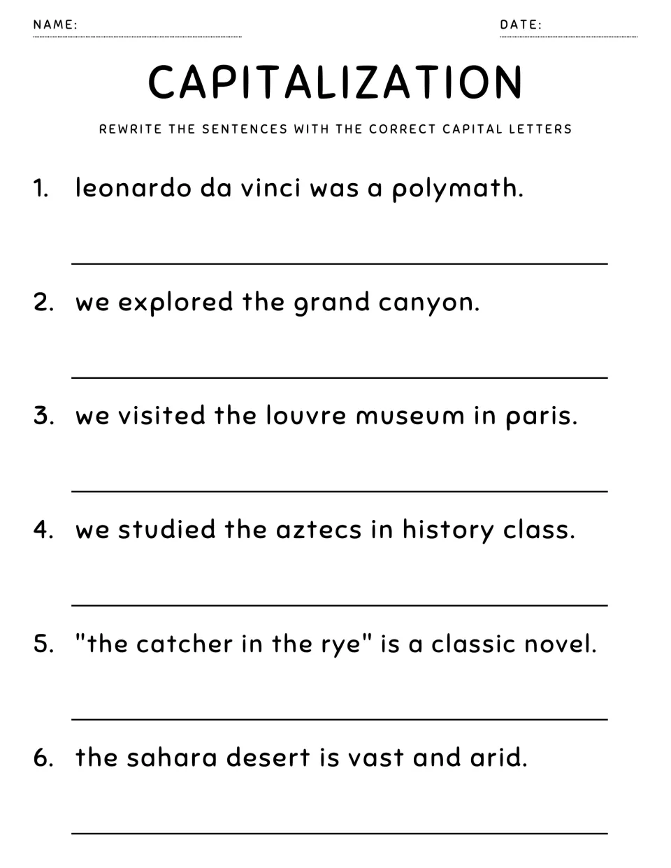Capitalization: students rewrite 6 sentences naming Leonardo da Vinci, the Louvre, the Aztecs and the Sahara Desert