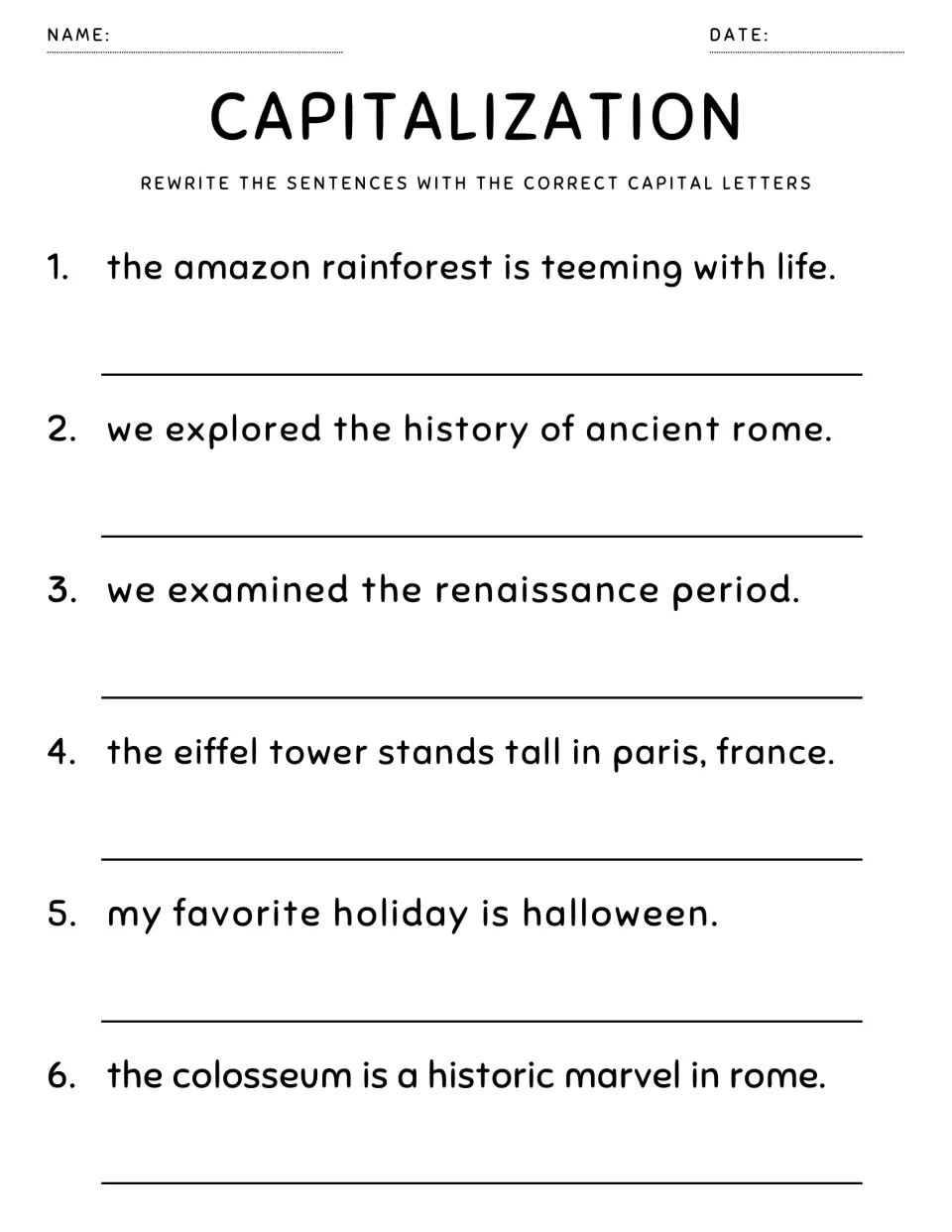 Capitalization: students correct 6 sentences about the Amazon rainforest, ancient Rome, the Eiffel Tower and Halloween