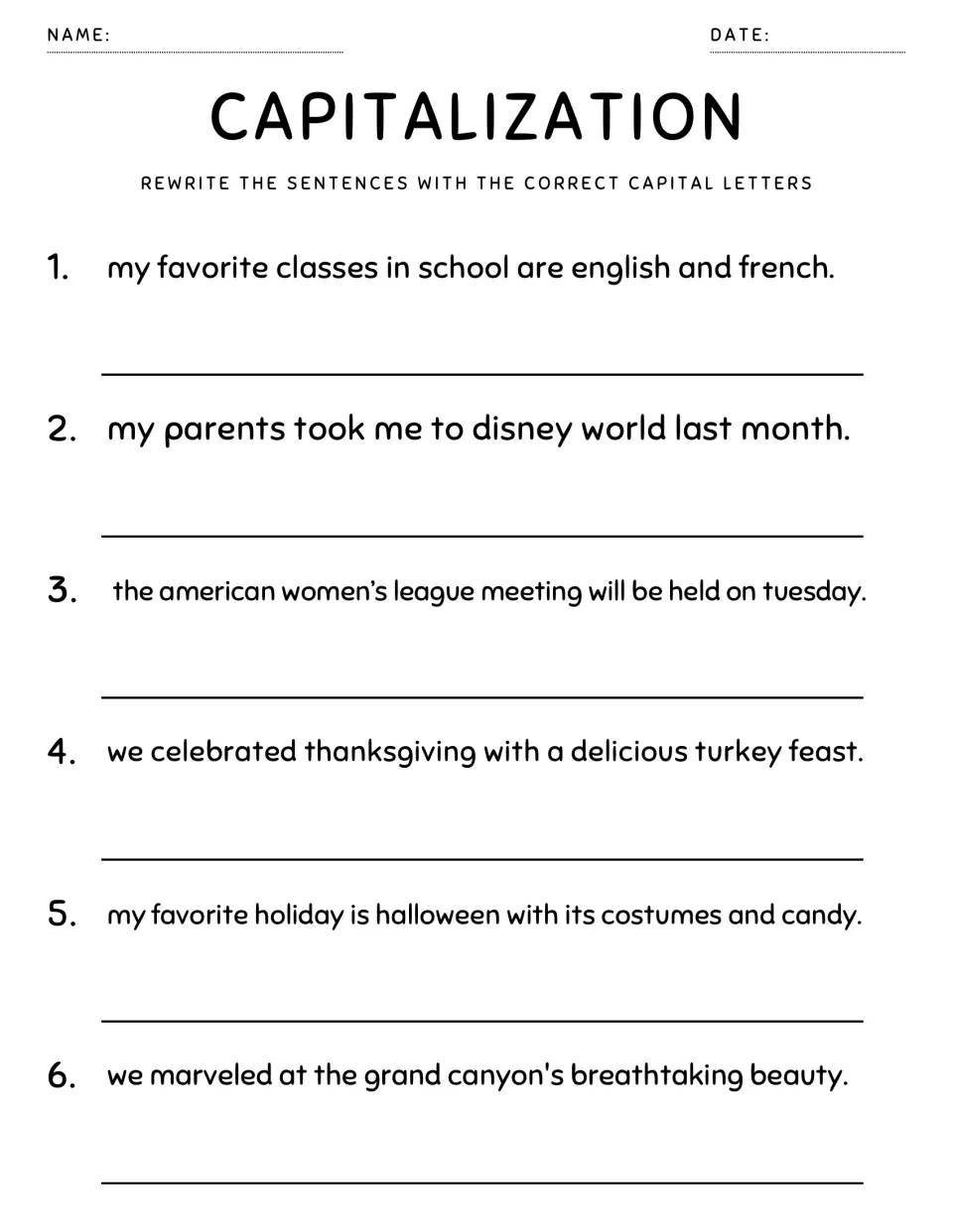 Capitalizing languages, holidays and places: students rewrite 6 sentences with English, Thanksgiving and Disney World