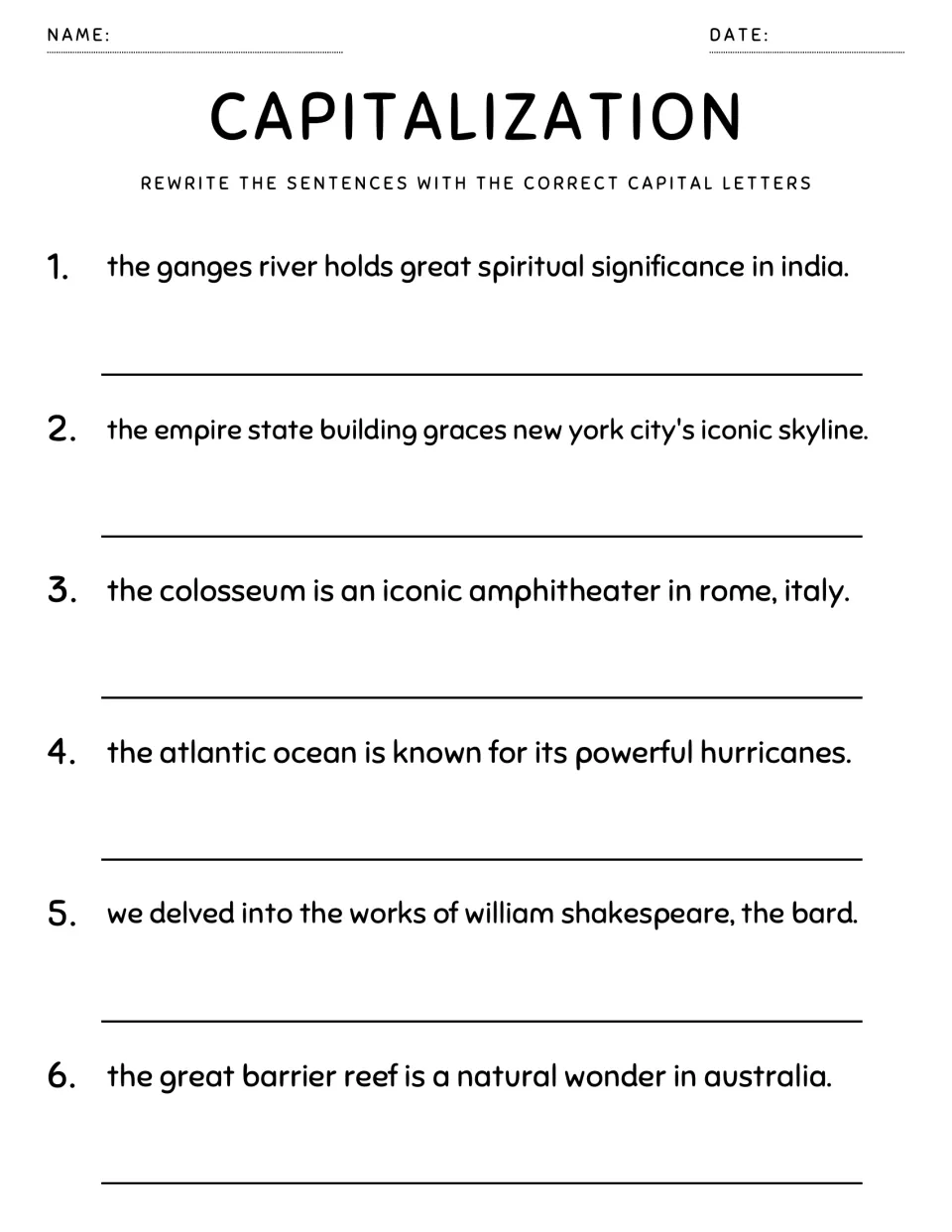 Capitalizing landmarks: students rewrite 6 sentences on the Ganges River, Empire State Building and Great Barrier Reef