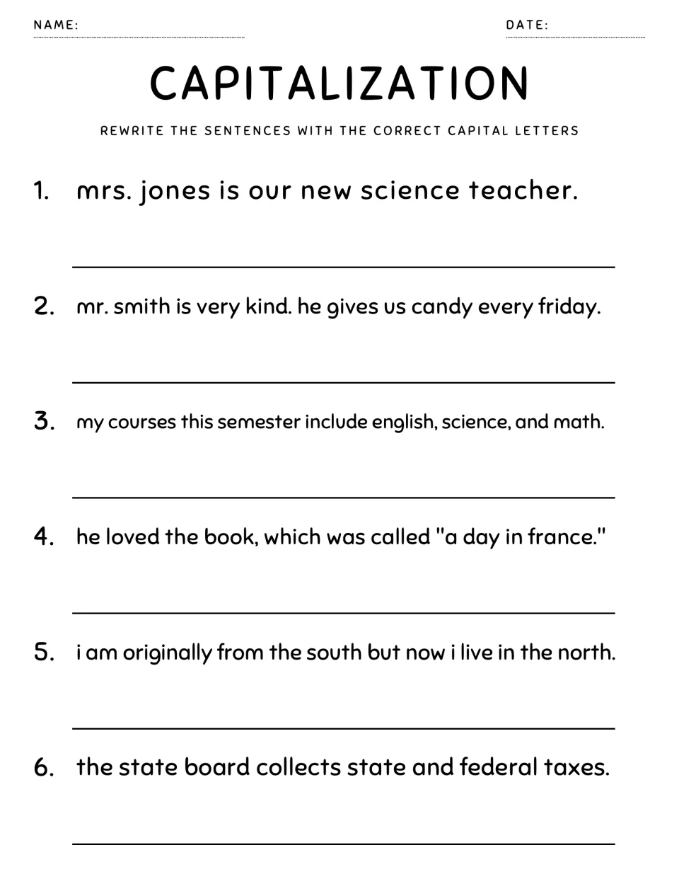 Capitalizing titles, subjects and regions: students rewrite 6 sentences with Mrs. Jones, English and the South