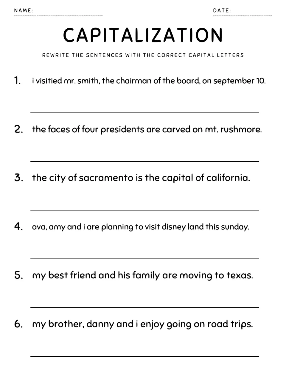 Capitalizing dates and places: students rewrite 6 sentences with September 10, Mt. Rushmore, Sacramento and Texas