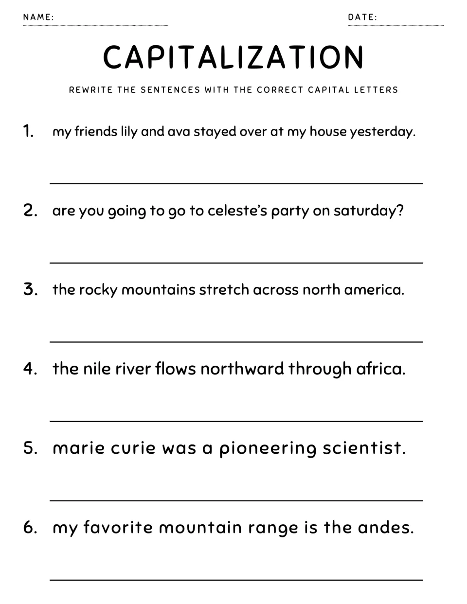 Capitalizing geography and people: students rewrite 6 sentences with Saturday, the Rocky Mountains and Marie Curie