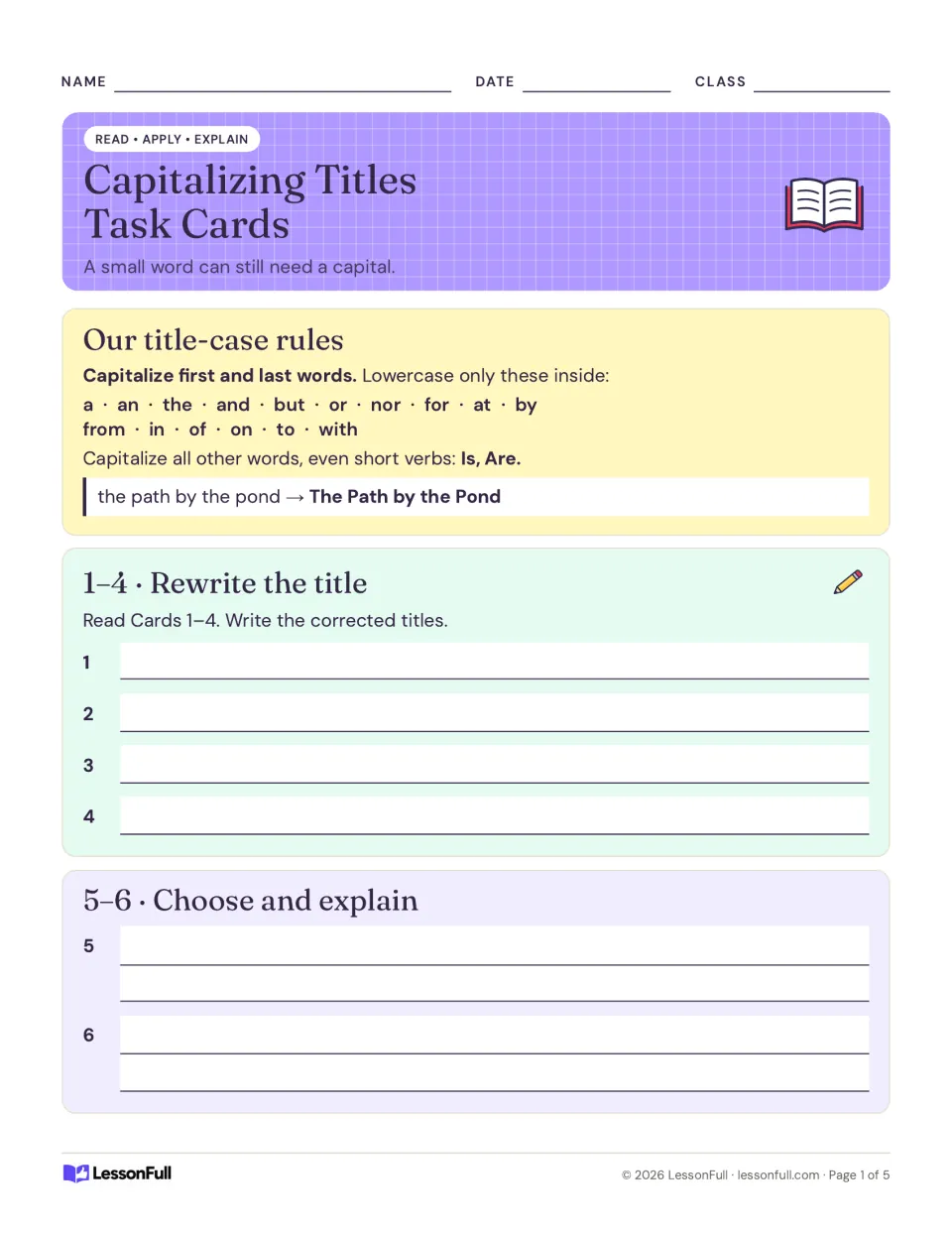 Title-case rules listing small words to keep lowercase, with an example and answer spaces for cards 1-6.