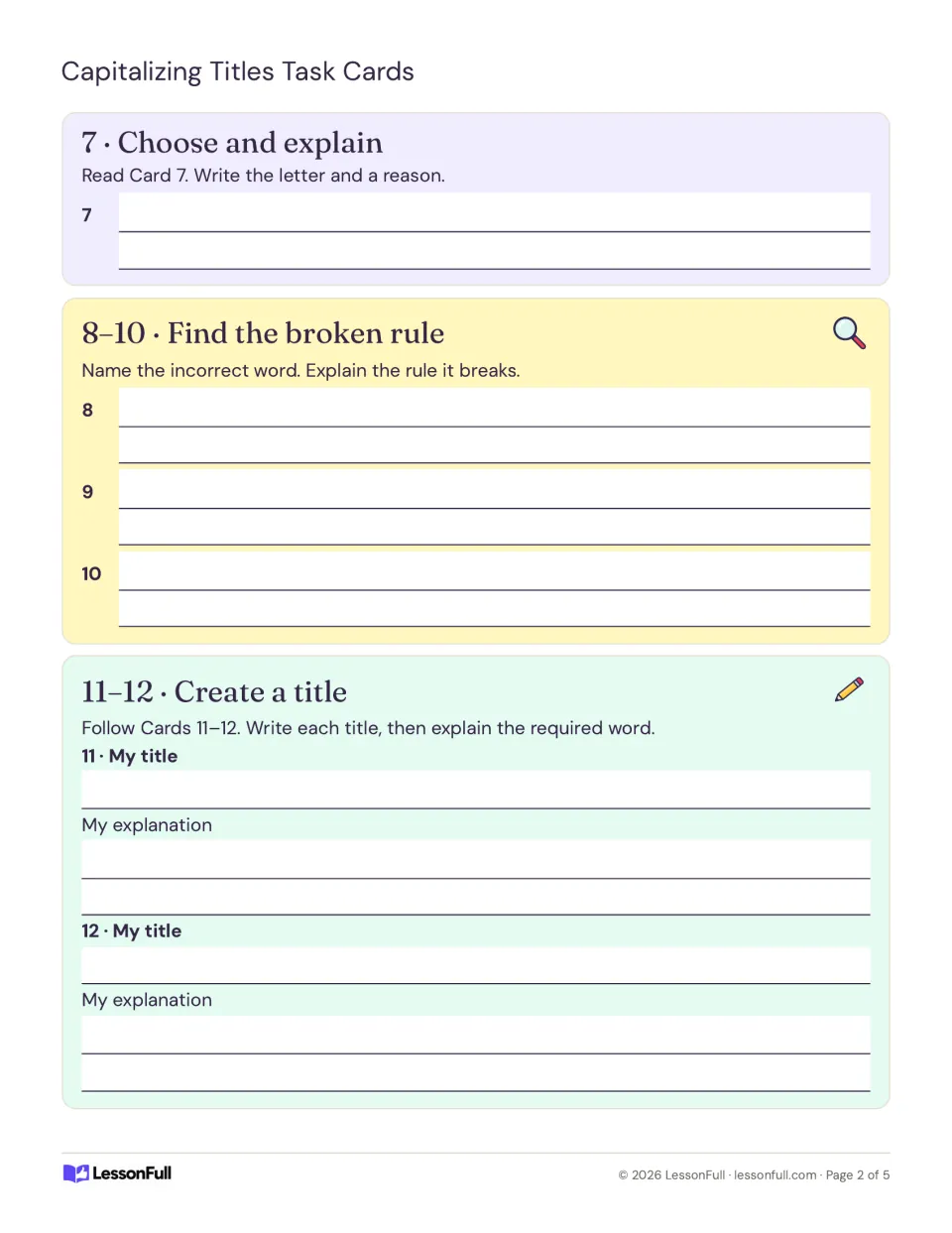 Response sheet for capitalizing titles cards 7-12: choosing a version, naming the broken rule, and creating two titles.