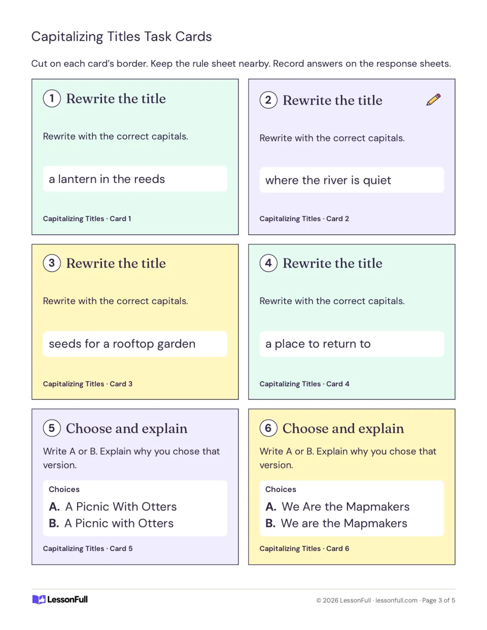 Cut-out cards 1-6: rewrite titles such as a lantern in the reeds, then choose A or B for A Picnic with Otters.