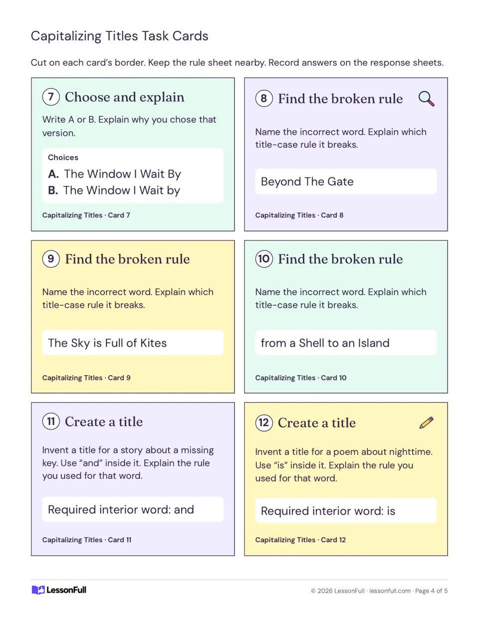 Cut-out cards 7-12: pick the correct title, find the broken rule in Beyond The Gate, and invent titles using and or is.