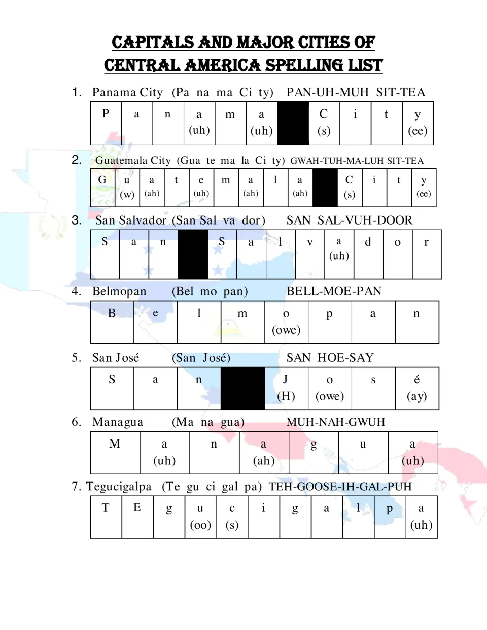 Spelling Central American capitals 1-7, Panama City to Tegucigalpa, with syllable breaks and sound-it-out pronunciations