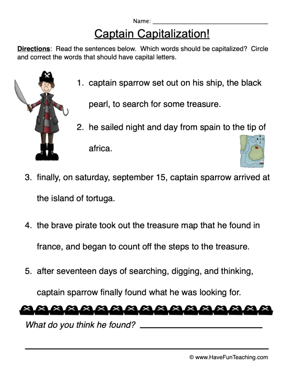 Capitalization practice: five sentences about Captain Sparrow's treasure hunt, plus a question about his find.
