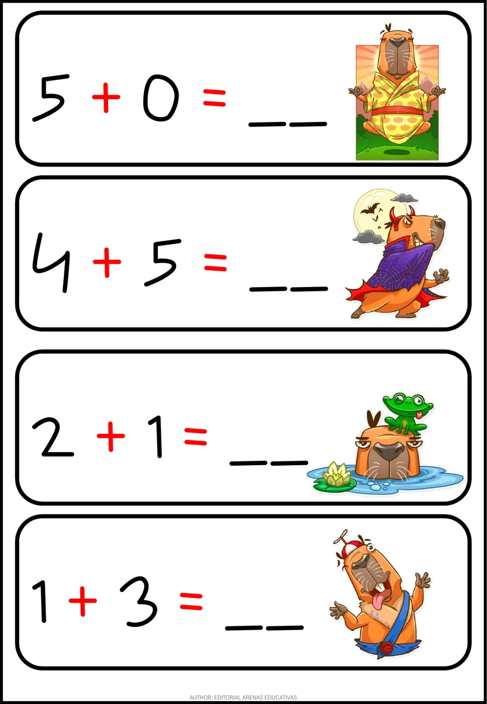 Addition facts 5+0, 4+5, 2+1 and 1+3: students write each sum on the blank beside a cartoon capybara