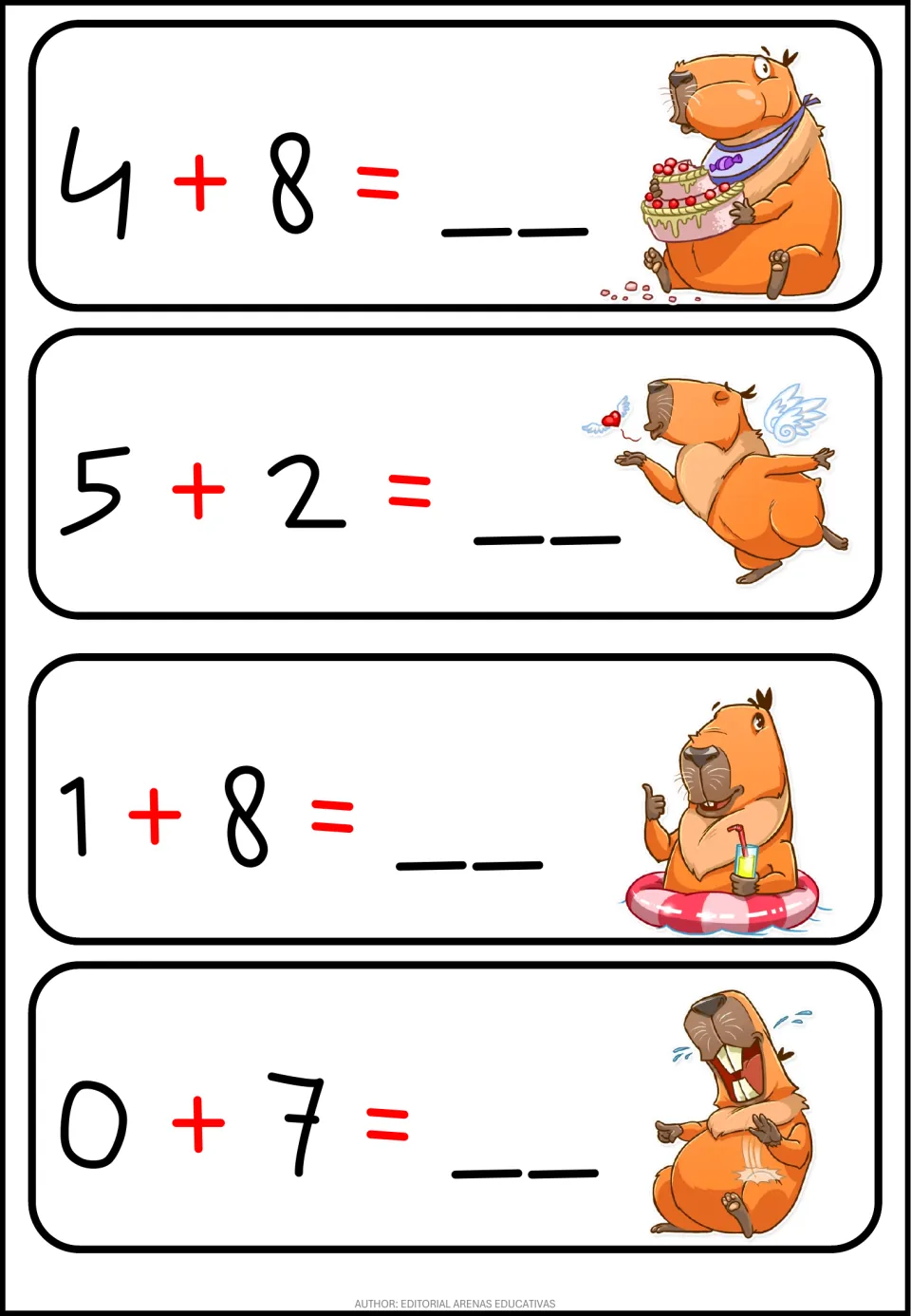 Sums to 12: students solve 4+8, 5+2, 1+8 and 0+7 and write each answer on the blank next to a capybara picture