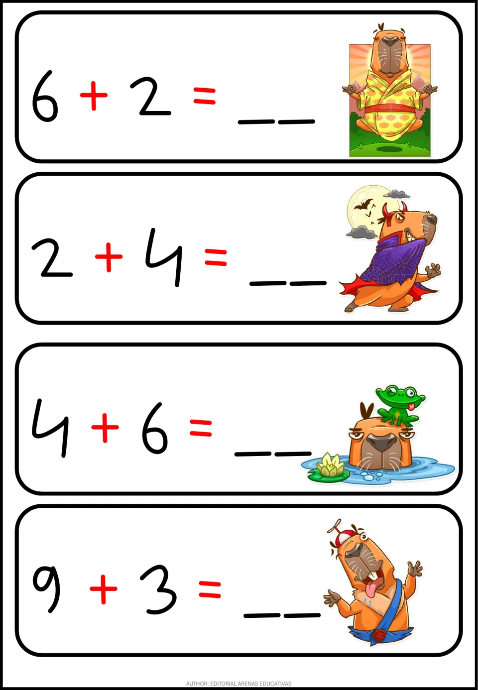 Single-digit addition: students find 6+2, 2+4, 4+6 and 9+3, writing sums on blanks beside capybara drawings