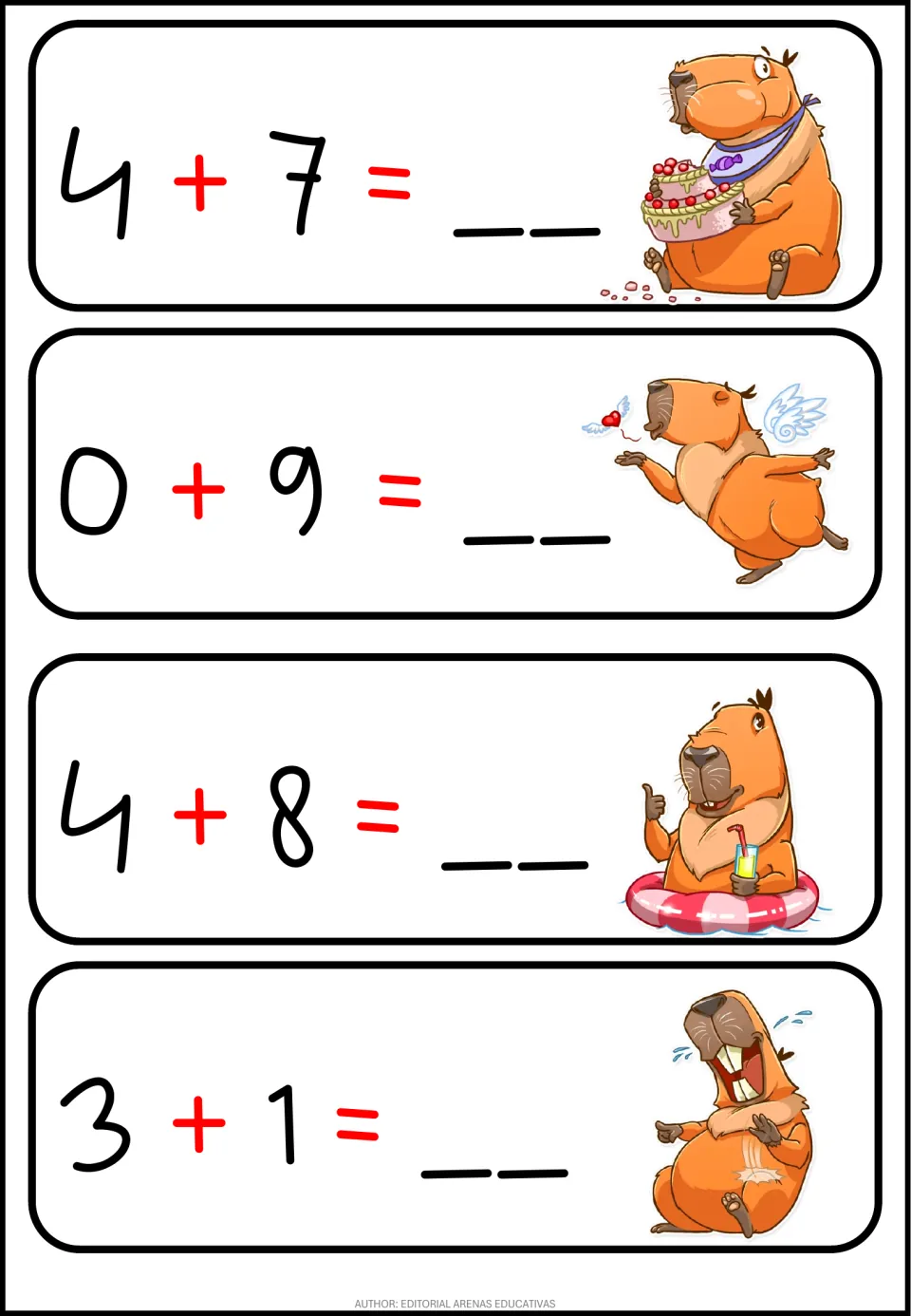 Adding with zero and bigger addends: students solve 4+7, 0+9, 4+8 and 3+1 and write the totals on the blanks