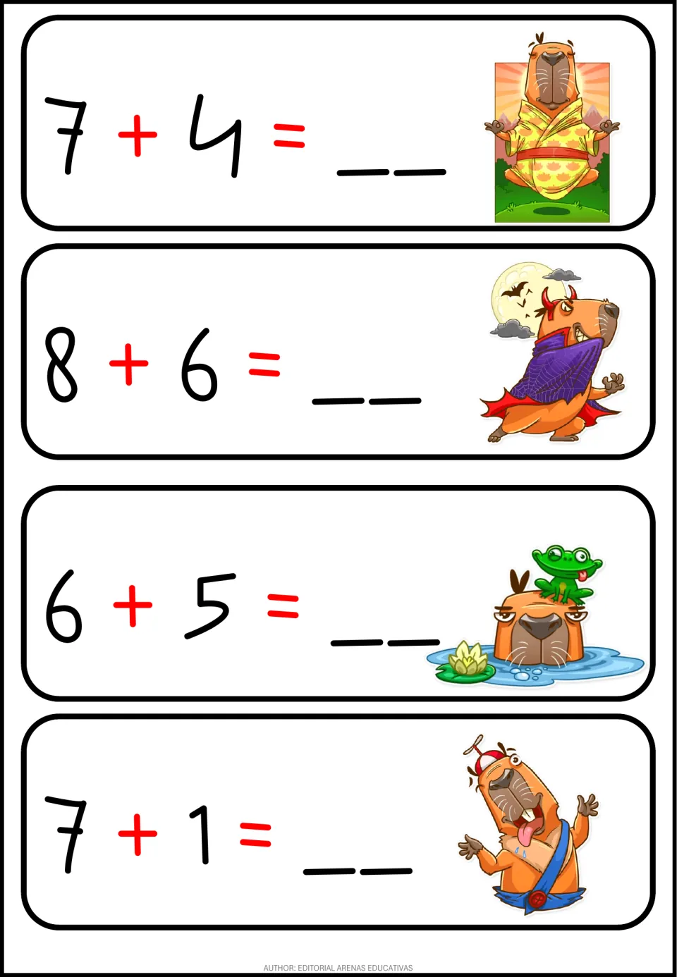 Addition to 14: students solve 7+4, 8+6, 6+5 and 7+1, recording each sum on a blank line next to a capybara
