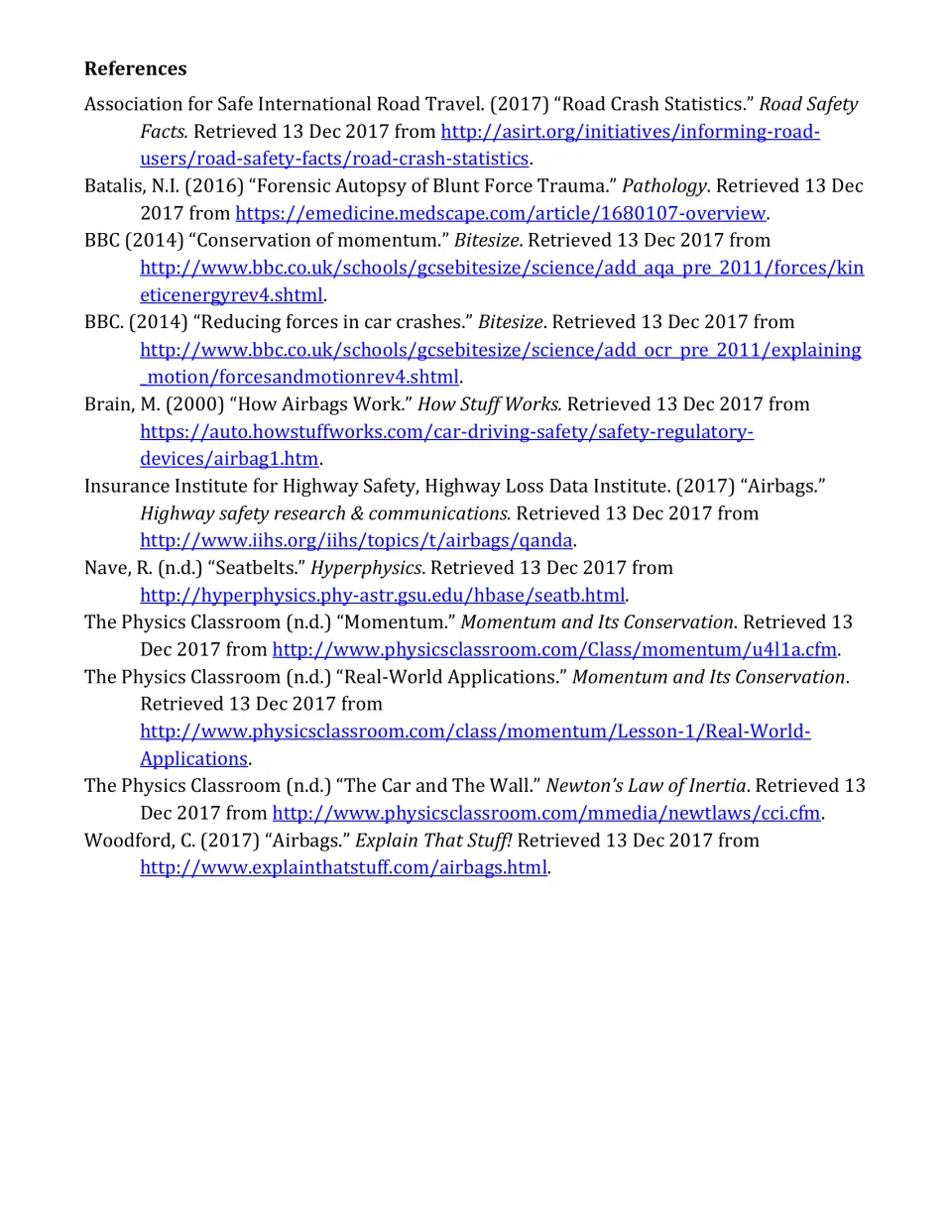 References citing sources on crash statistics, momentum, airbags and seatbelts, including BBC Bitesize and Hyperphysics