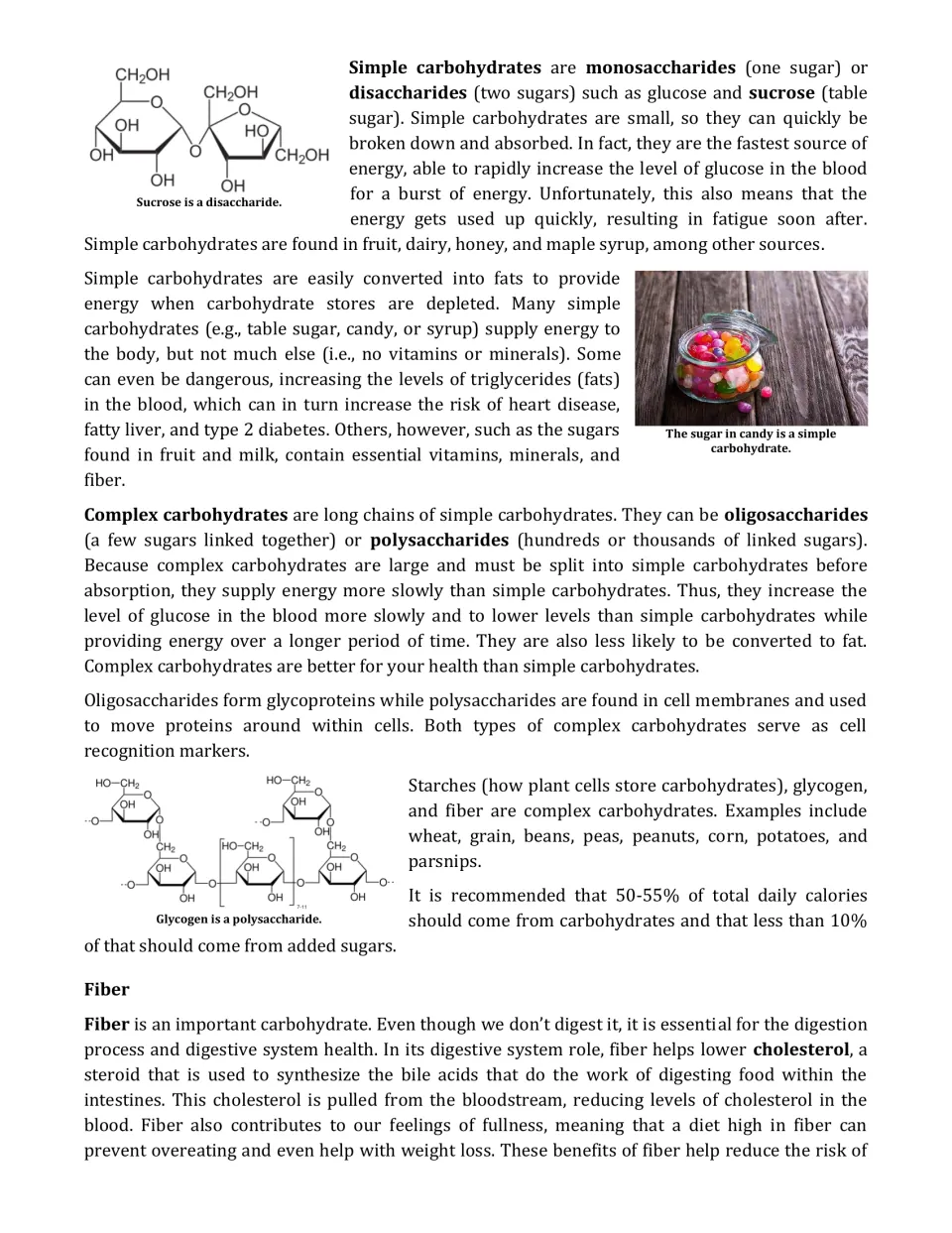 Simple vs complex carbohydrates reading with sucrose and glycogen diagrams, candy photo, and a section on why fiber matters
