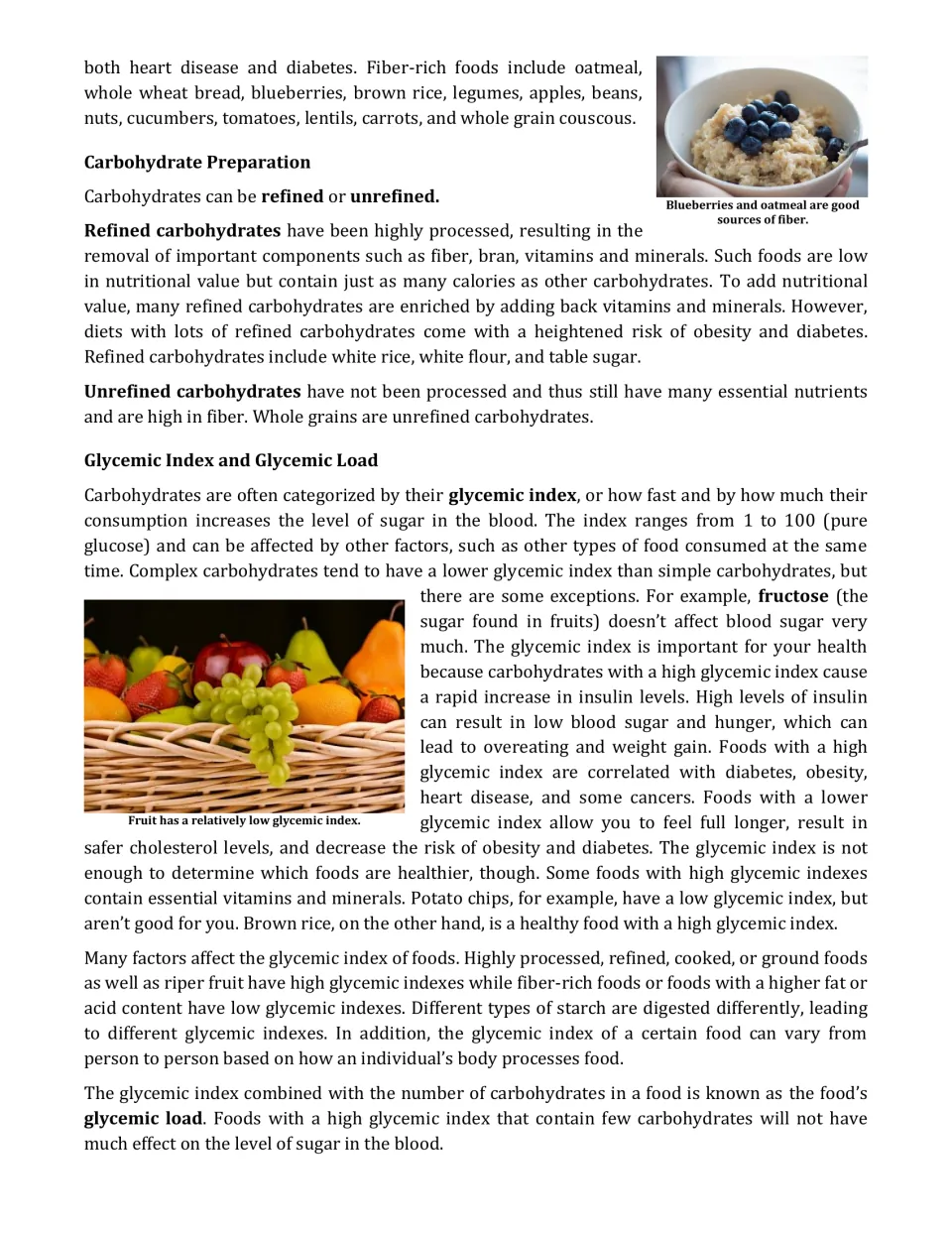 Reading on refined vs unrefined carbohydrates and on glycemic index and glycemic load, with oatmeal and fruit basket photos