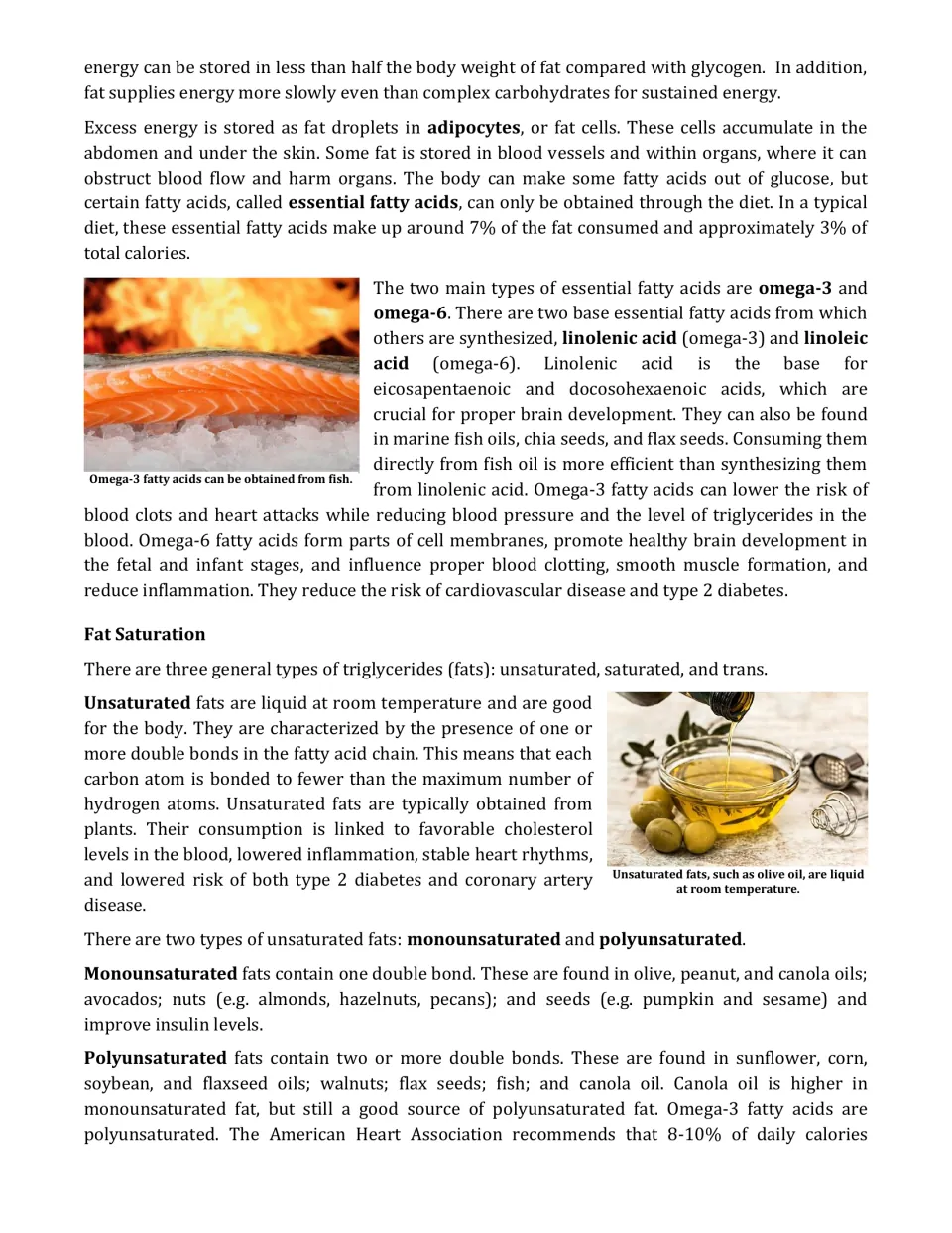 Essential fatty acids omega-3 and omega-6, then fat saturation: unsaturated, monounsaturated and polyunsaturated fat sources