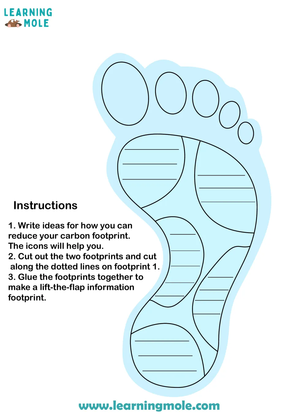 Carbon-saving ideas: students write ways to reduce their footprint on the lined foot, then cut and glue it under the flaps