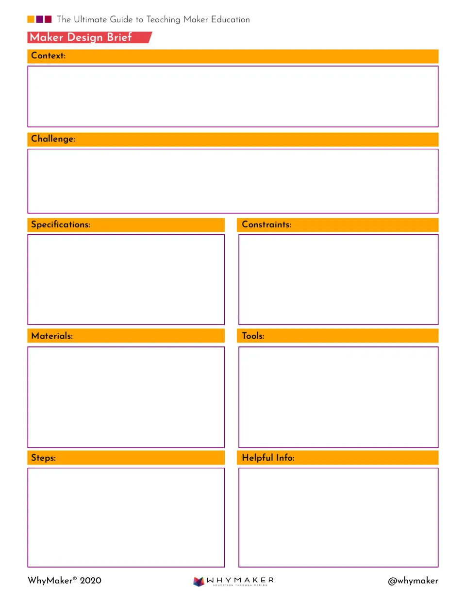 Maker Design Brief: students fill in context, challenge, specifications, constraints, materials, tools and steps