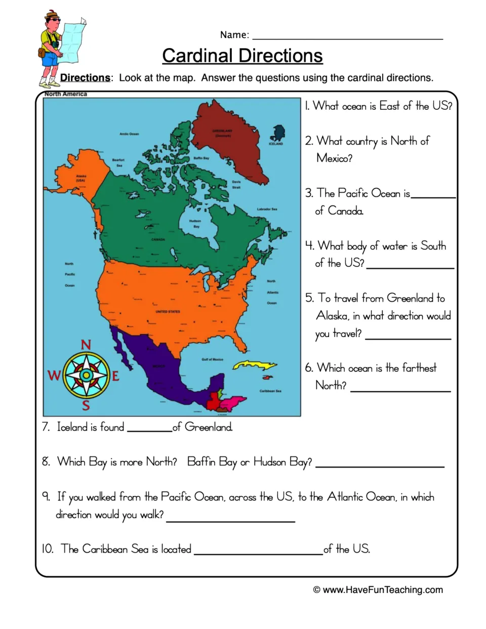 Cardinal directions: students use a North America map and compass rose to answer 10 questions about oceans and bays