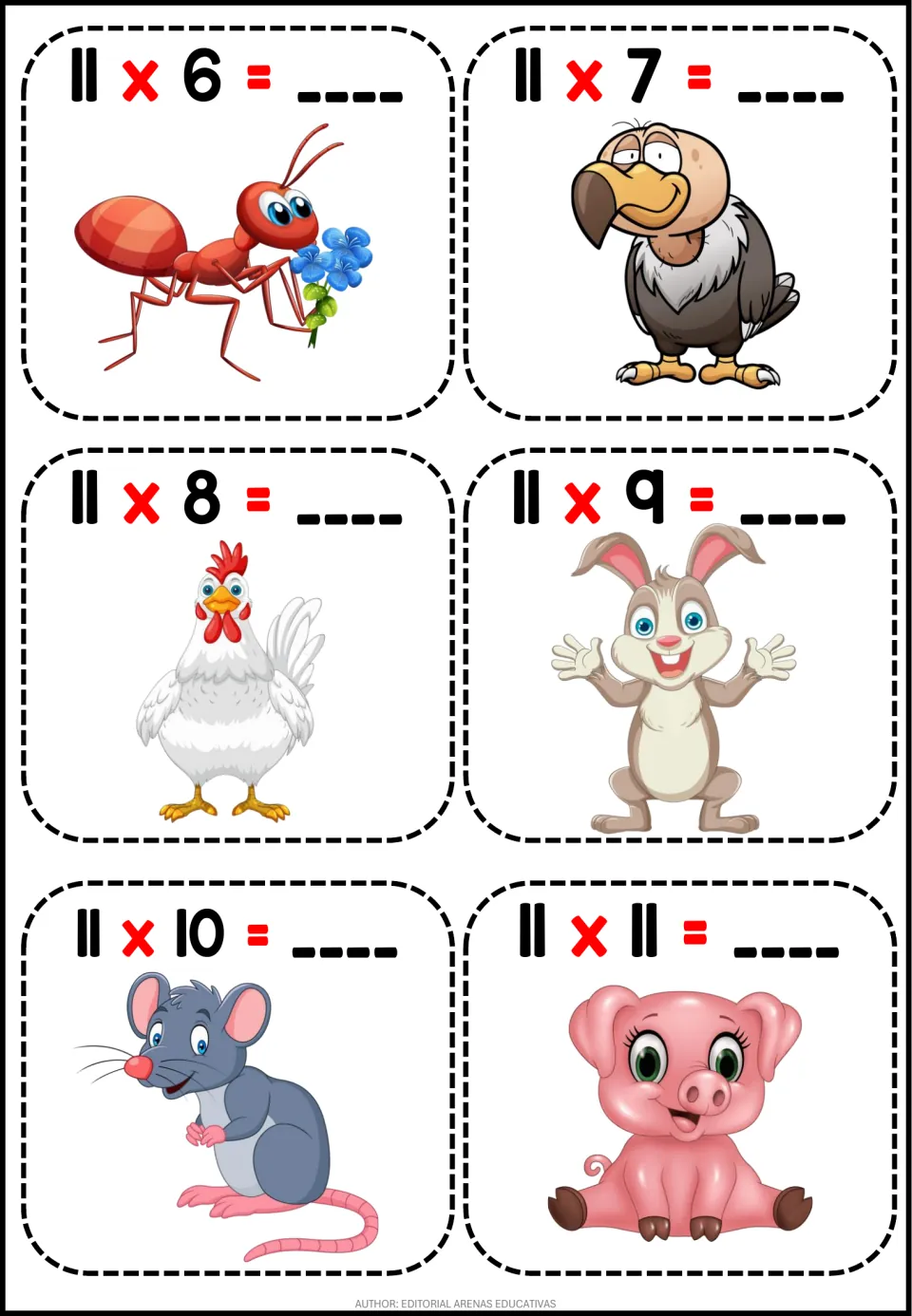 Multiplication flashcards for 11 × 6 through 11 × 11, with blank answers and six animal illustrations