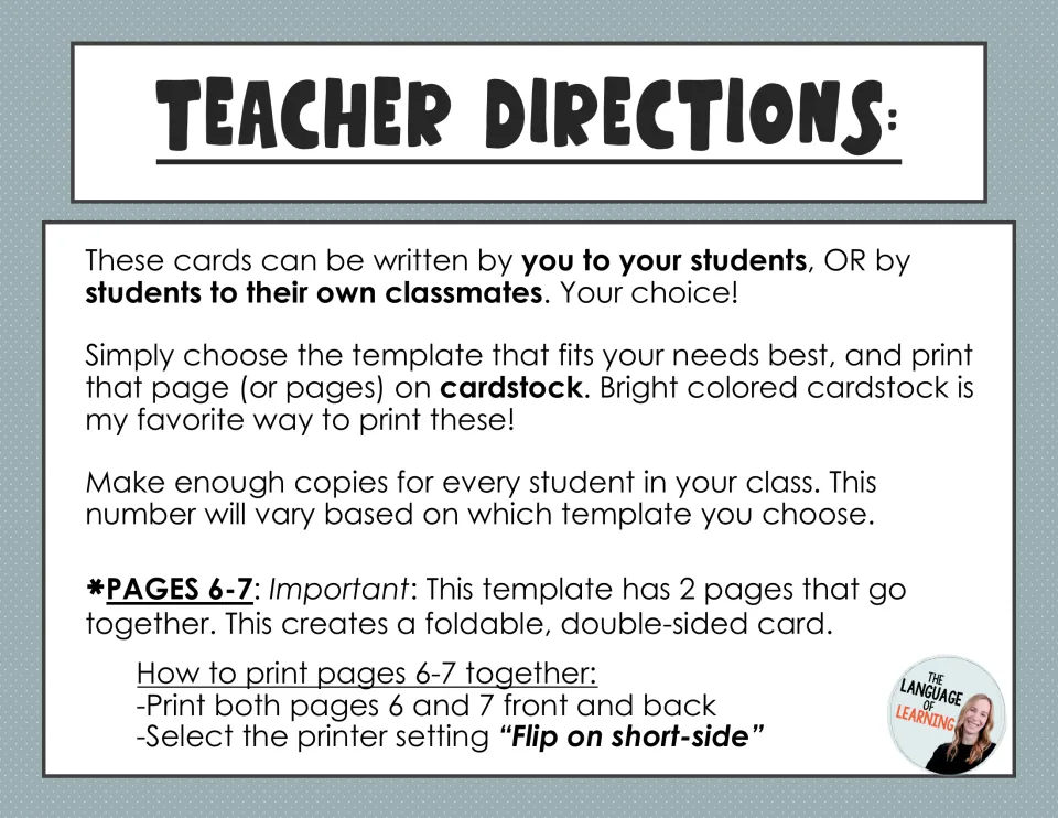 Teacher directions: cards can be written by teacher to students or classmate to classmate, printed on cardstock