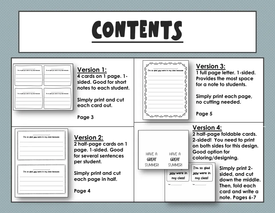 Contents of four card versions: 4 cards per page, 2 half-page cards, a full-page letter and a 2-sided foldable card