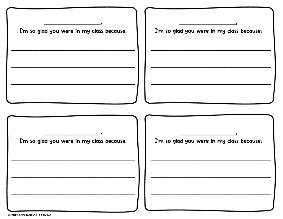 Four cut-apart notes, each with a name blank and the prompt "I'm so glad you were in my class because:" to finish
